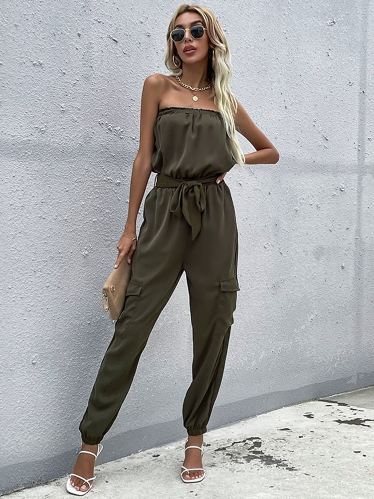 Ella | Donkergroene strapless cargo jumpsuit