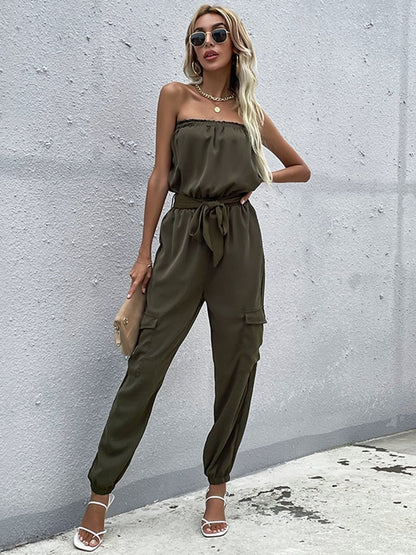 Ella | Donkergroene strapless cargo jumpsuit