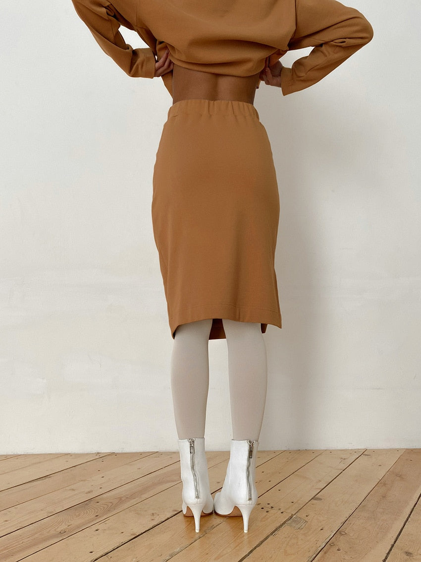 Camel co-ord set met midi rok