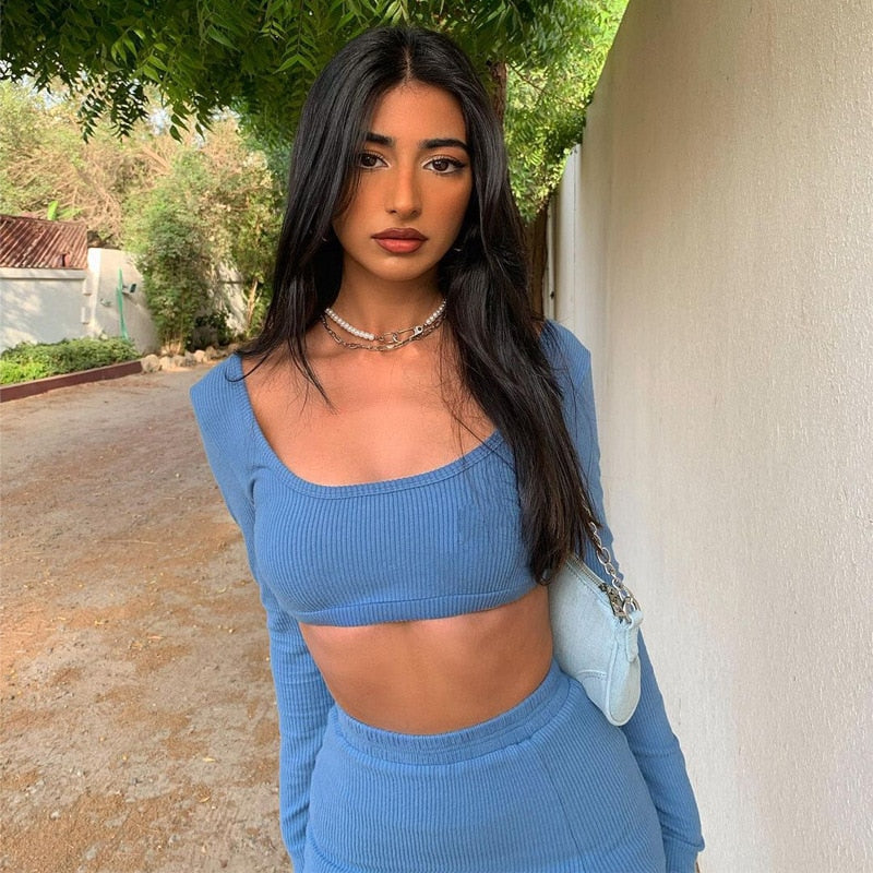 Blauwe co-ord set met crop top