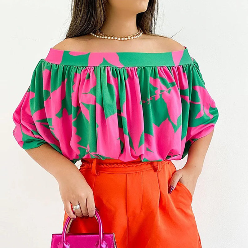 Groen/roze off-shoulder blouse
