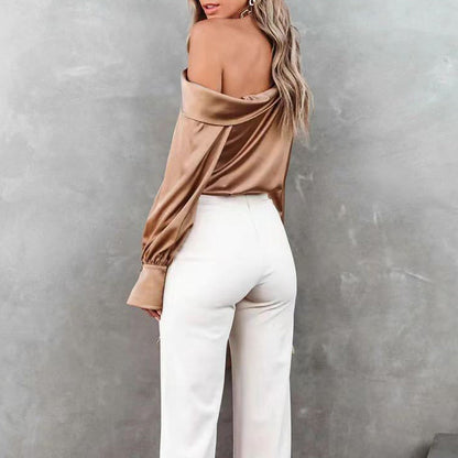 Bruine satijnen one shoulder blouse