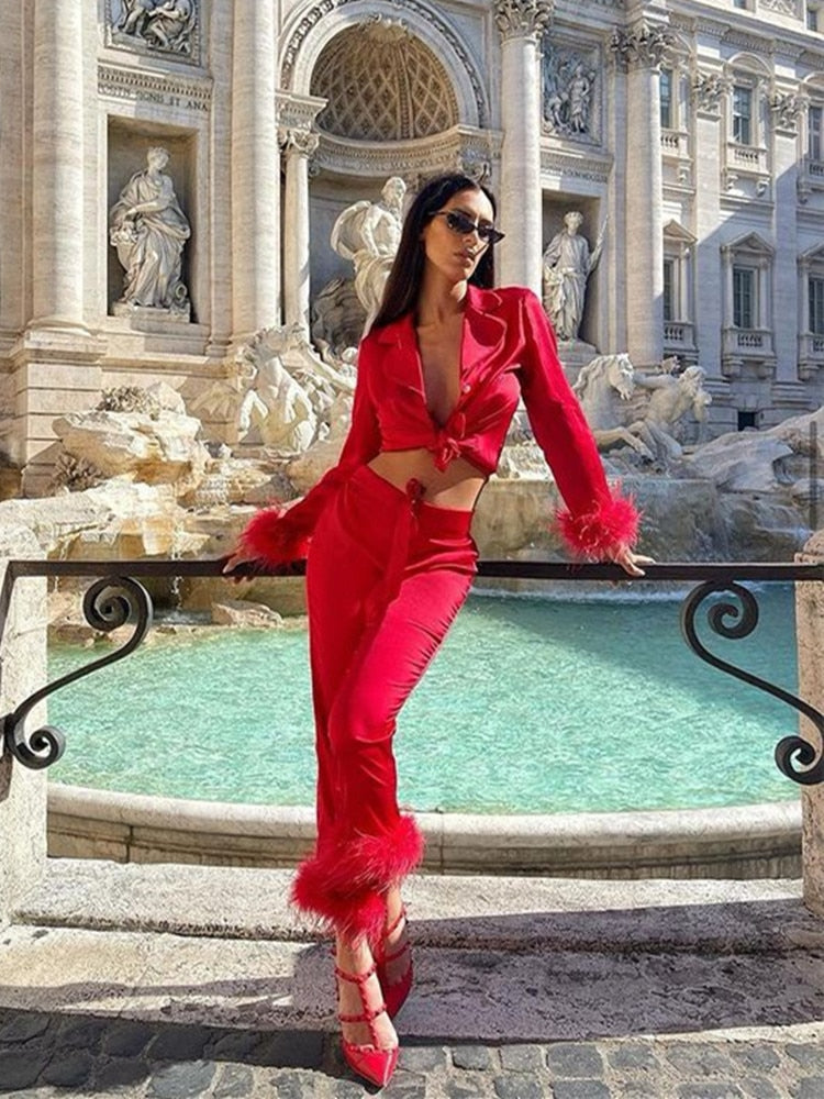 Two piece set met veren