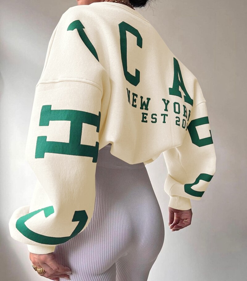 Pauline - Chique Herfst Oversized Sweatshirt met Chicago Letter Graphic voor Vrouwen