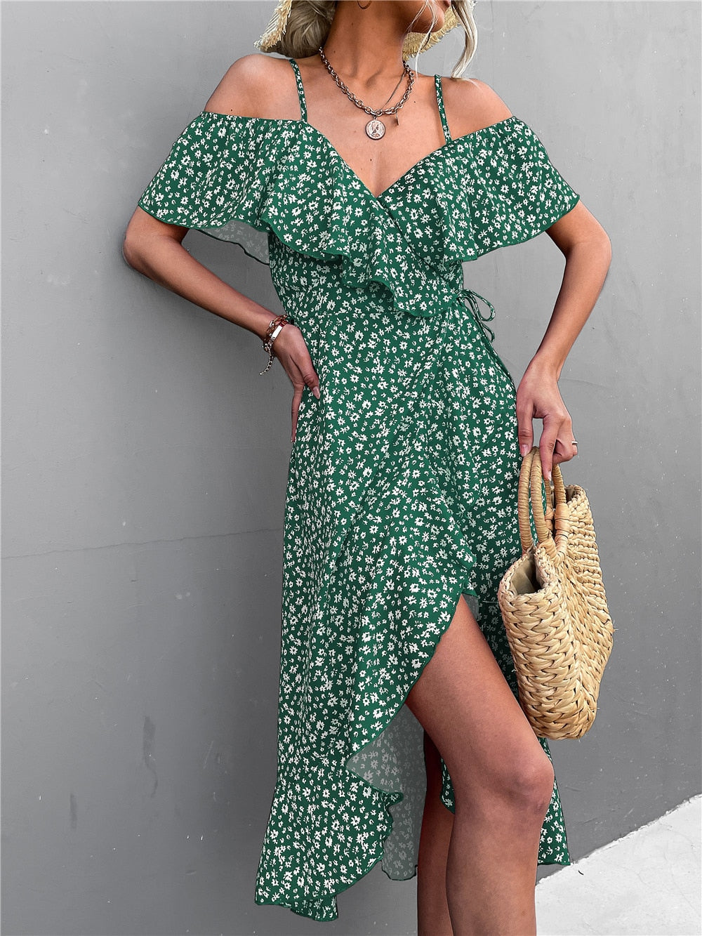 Groene midi off-shoulder jurk met bloemenprint