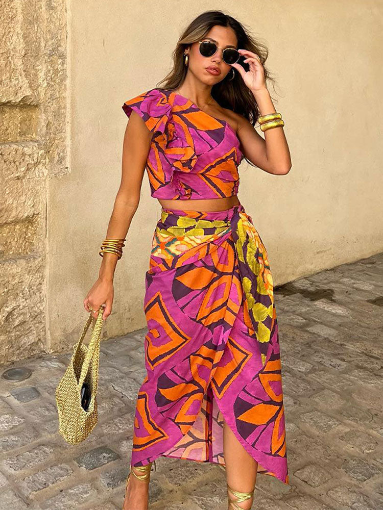 Printed two piece set met overslagrok