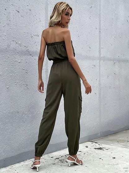 Ella | Donkergroene strapless cargo jumpsuit