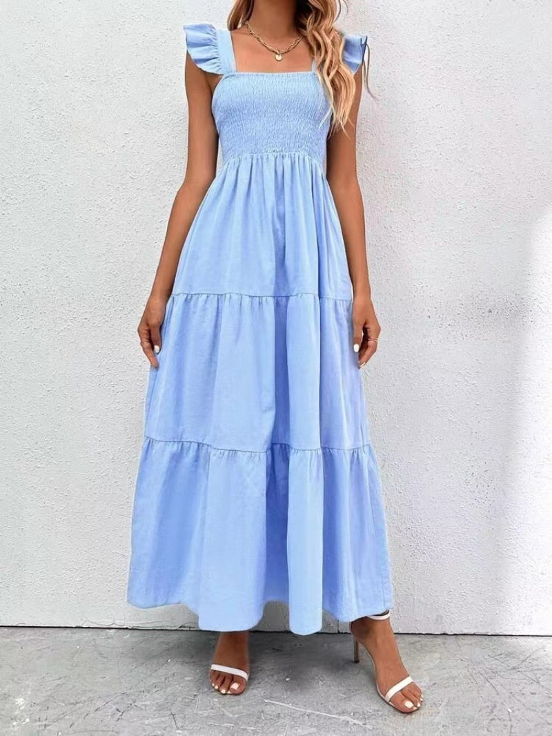 Lichtblauwe maxi jurk met ruches