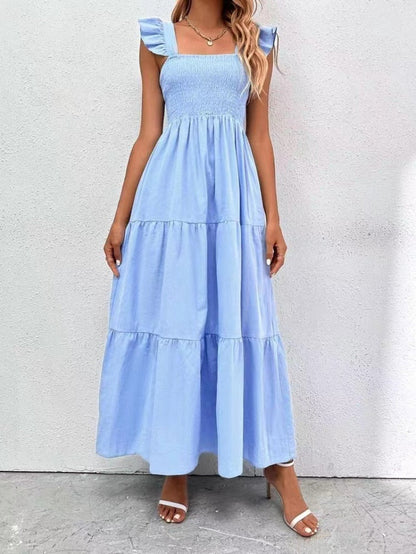 Lichtblauwe maxi jurk met ruches