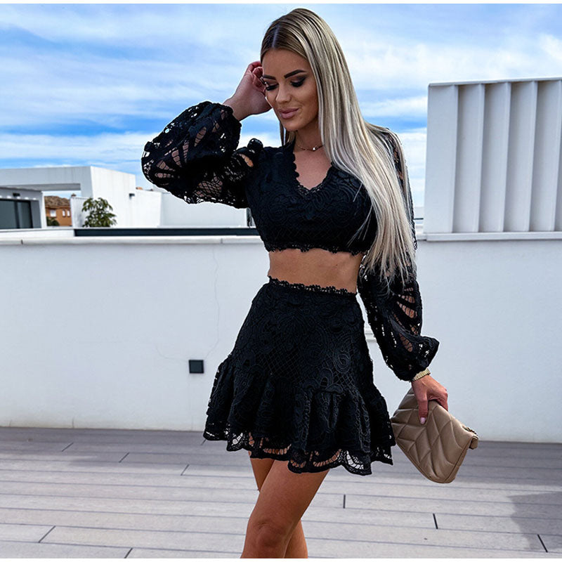 Zwarte kanten two piece set