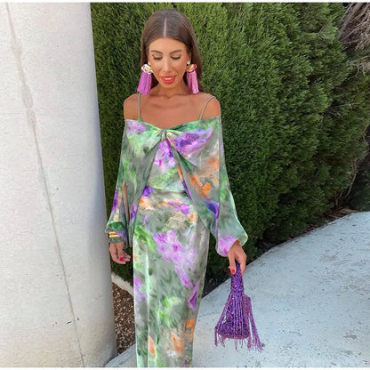 Angeli - Sexy Maxi-Jurk met V-hals en Kleurrijk Halo Geverfd Patroon