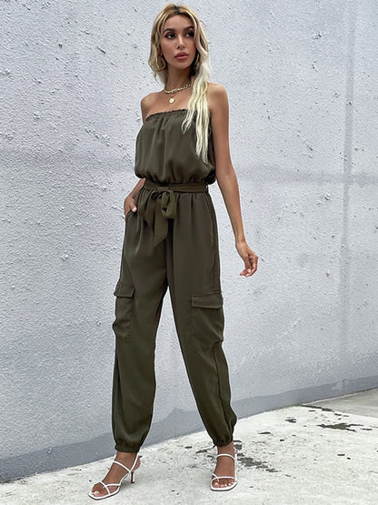 Donkergroene strapless cargo jumpsuit