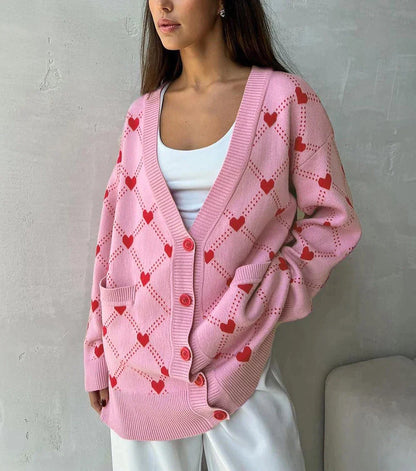 Koray | Roze oversized vest met hartpatroon