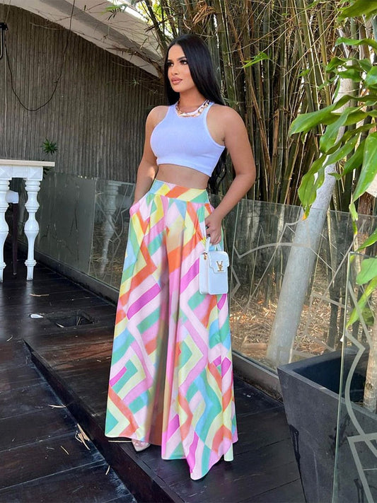 Venessa | kleurrijke wijde broek met geometrisch patroon