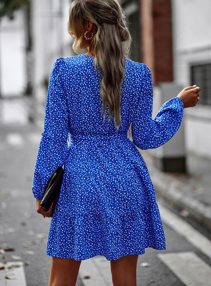Blauwe flare jurk met stippen