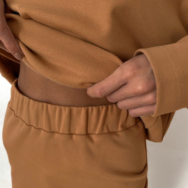 Camel co-ord set met midi rok