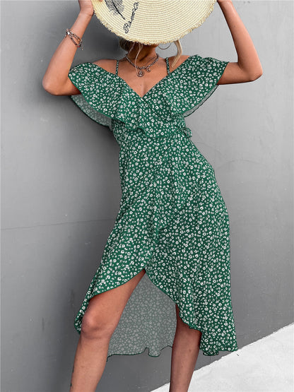 Groene midi off-shoulder jurk met bloemenprint