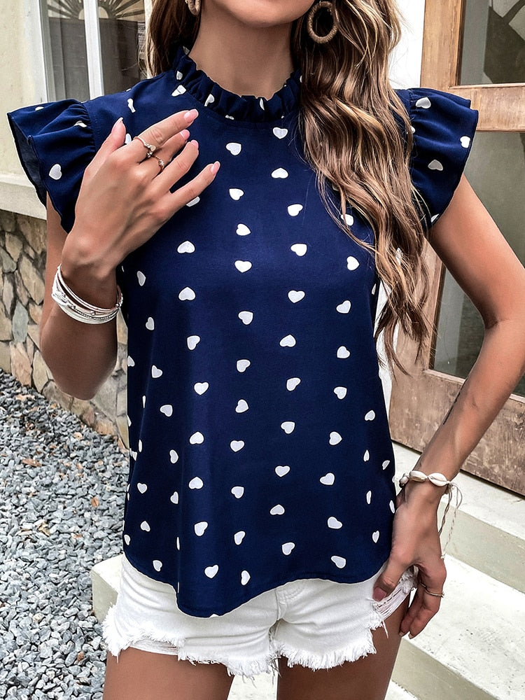 Helga Vrijetijdsblouse | Zomerblouse met korte mouwen en hartjesprint