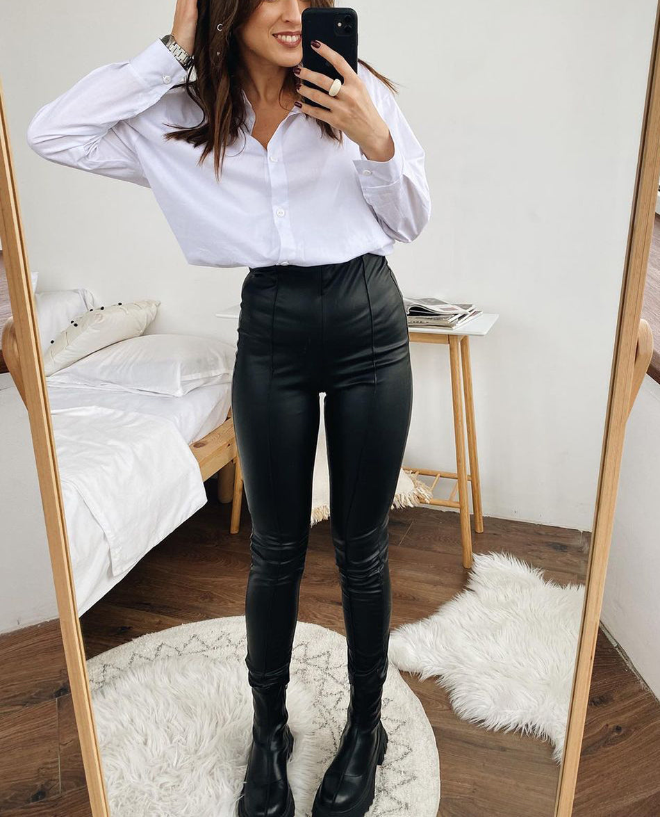 Nela leather legging | Leren stretch legging met fleece voor het najaar