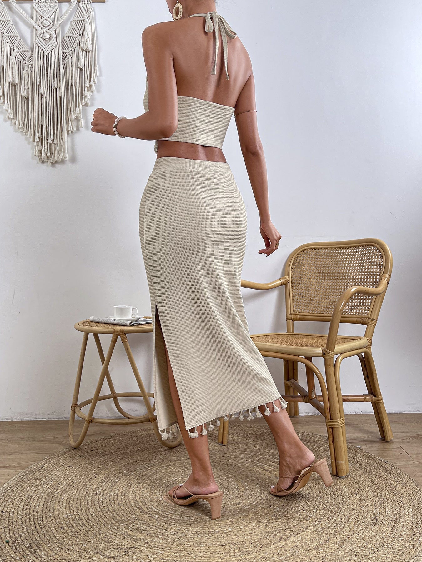 Beige two piece set met franjes