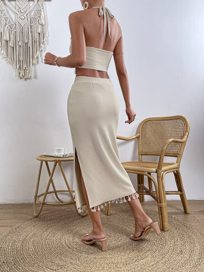 Beige two piece set met franjes