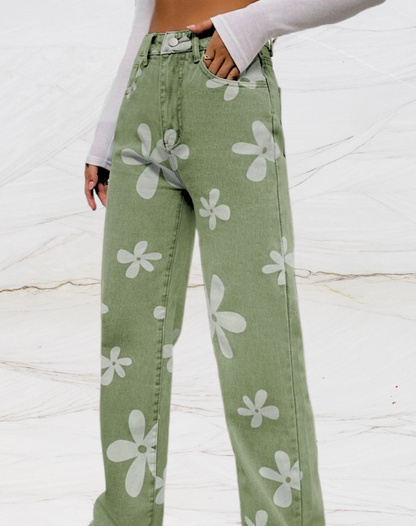 Losse jeans met hoge taille en bloemenopdruk voor dames