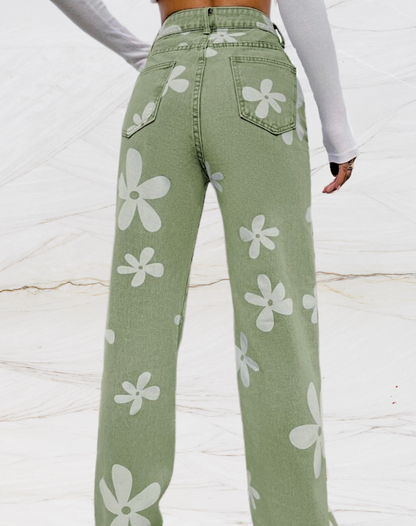 Losse jeans met hoge taille en bloemenopdruk voor dames