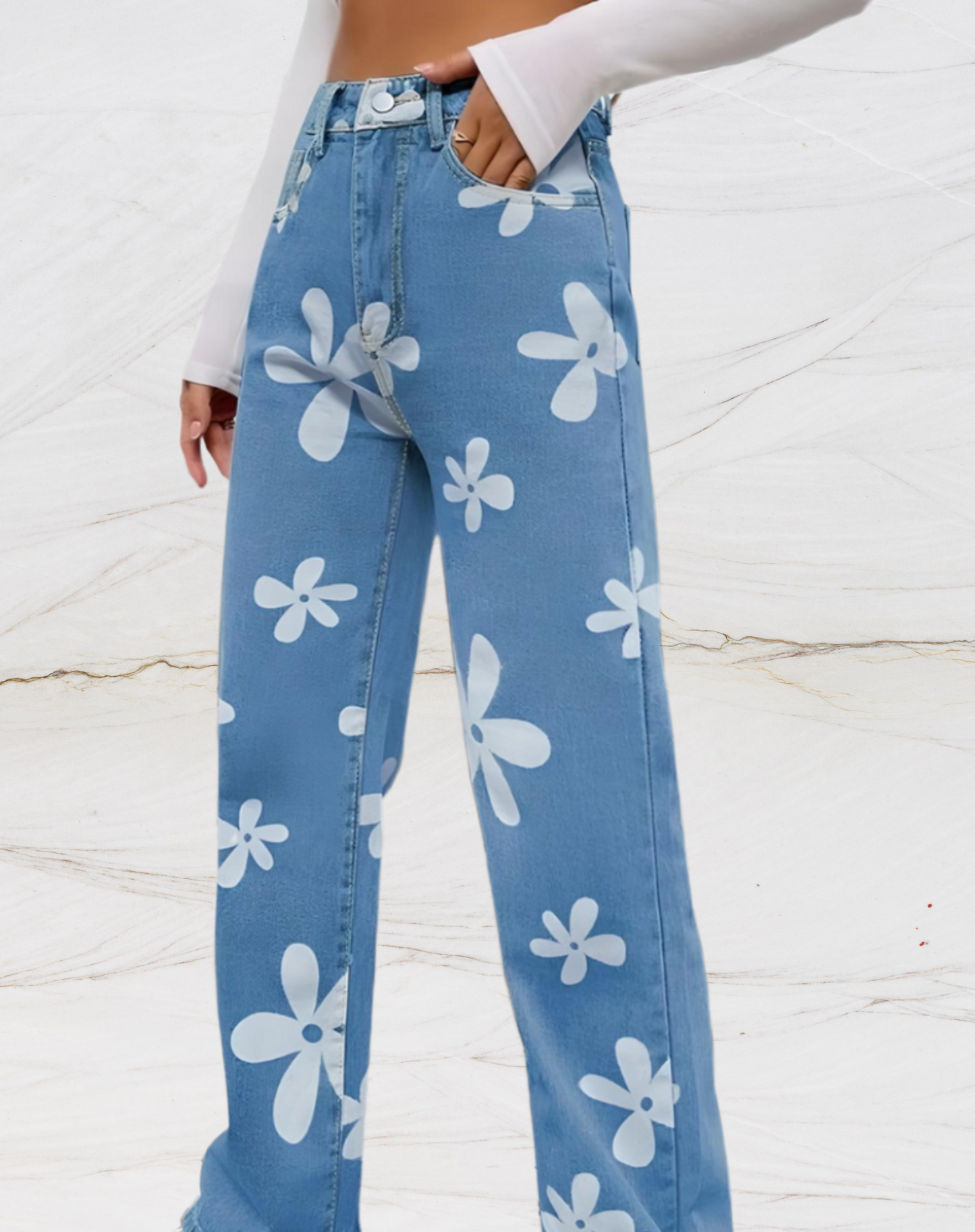 Losse jeans met hoge taille en bloemenopdruk voor dames