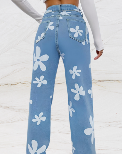 Losse jeans met hoge taille en bloemenopdruk voor dames