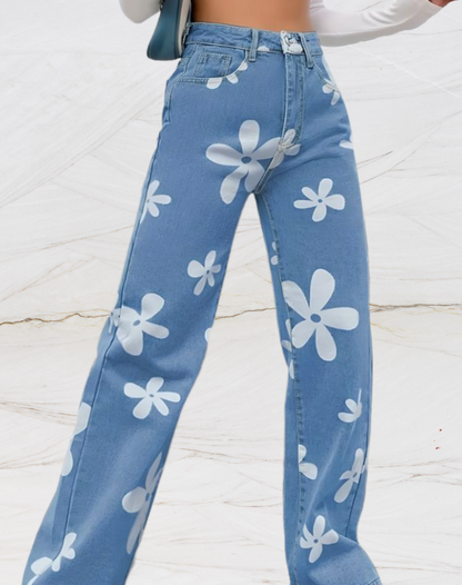 Losse jeans met hoge taille en bloemenopdruk voor dames