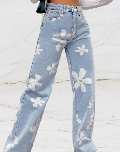 Losse jeans met hoge taille en bloemenopdruk voor dames