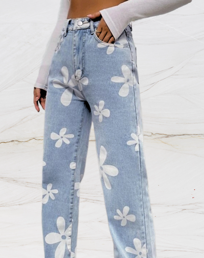 Losse jeans met hoge taille en bloemenopdruk voor dames