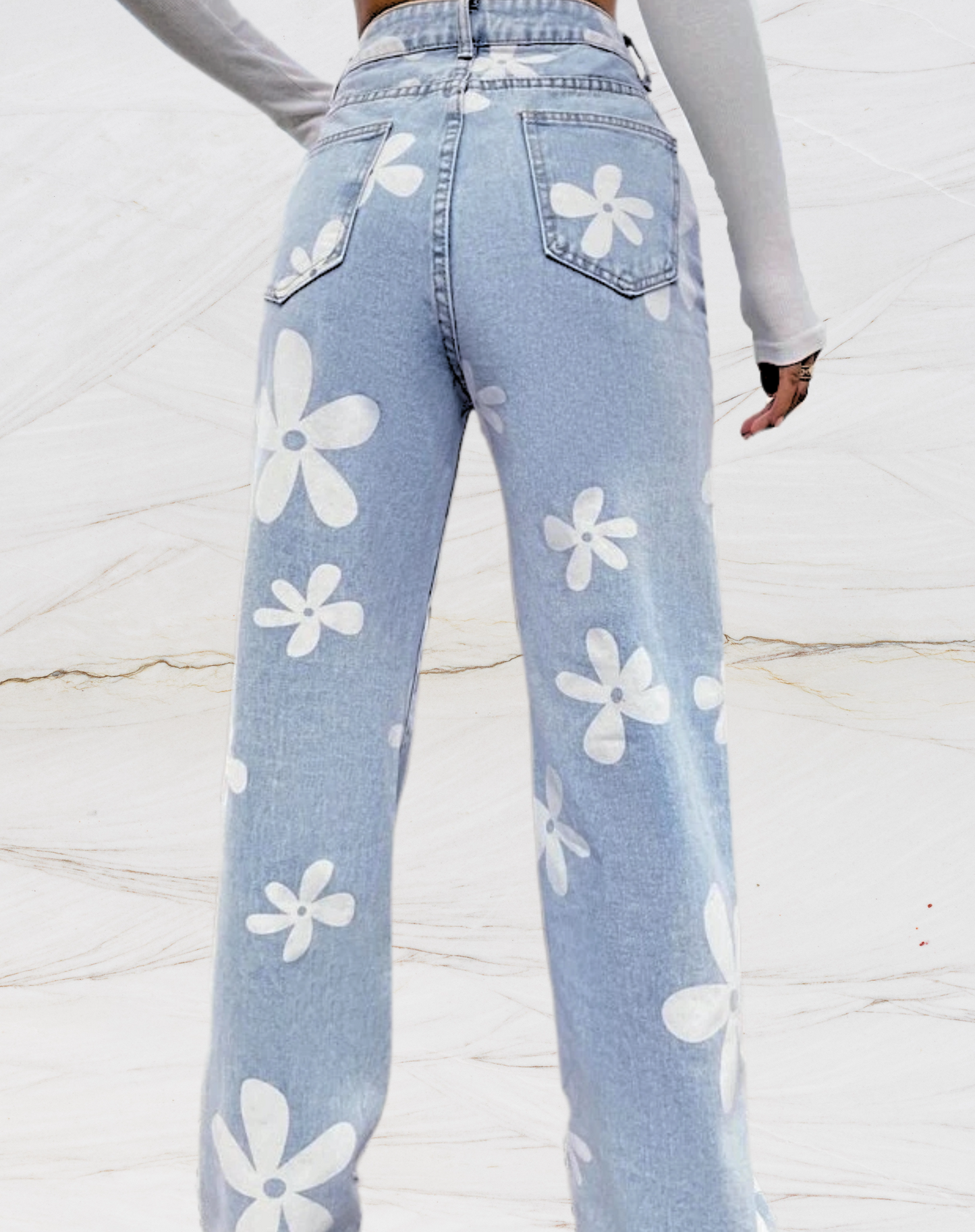 Losse jeans met hoge taille en bloemenopdruk voor dames