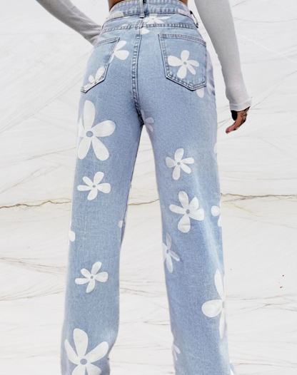 Losse jeans met hoge taille en bloemenopdruk voor dames