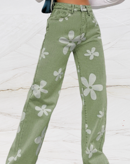 Losse jeans met hoge taille en bloemenopdruk voor dames