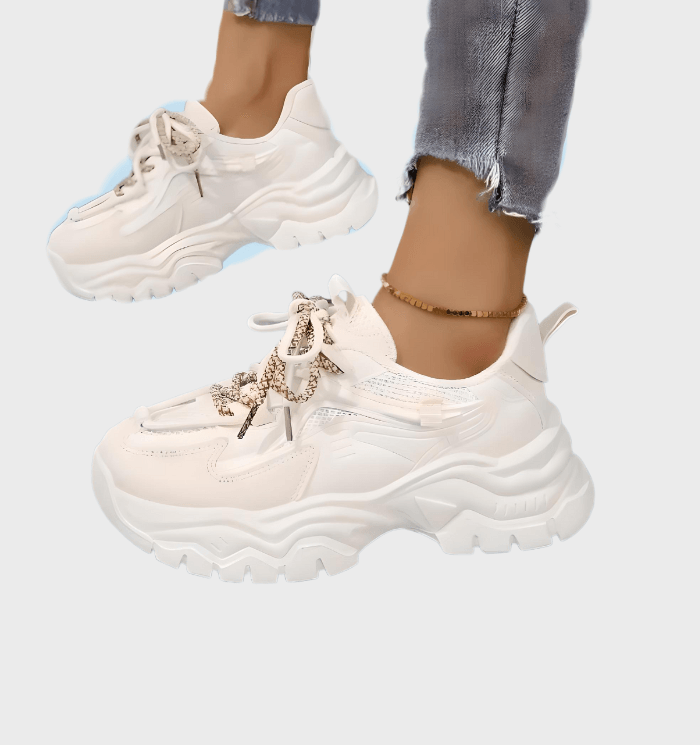 Trixie - Witte grote hardloopsneakers met uitgesneden design en bruin kant