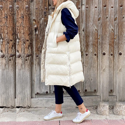 Beska Bodywarmer | Trendy lange donzen bodywarmer met capuchon voor dames