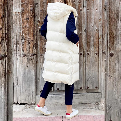 Beska Bodywarmer | Trendy lange donzen bodywarmer met capuchon voor dames