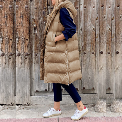 Beska Bodywarmer | Trendy lange donzen bodywarmer met capuchon voor dames