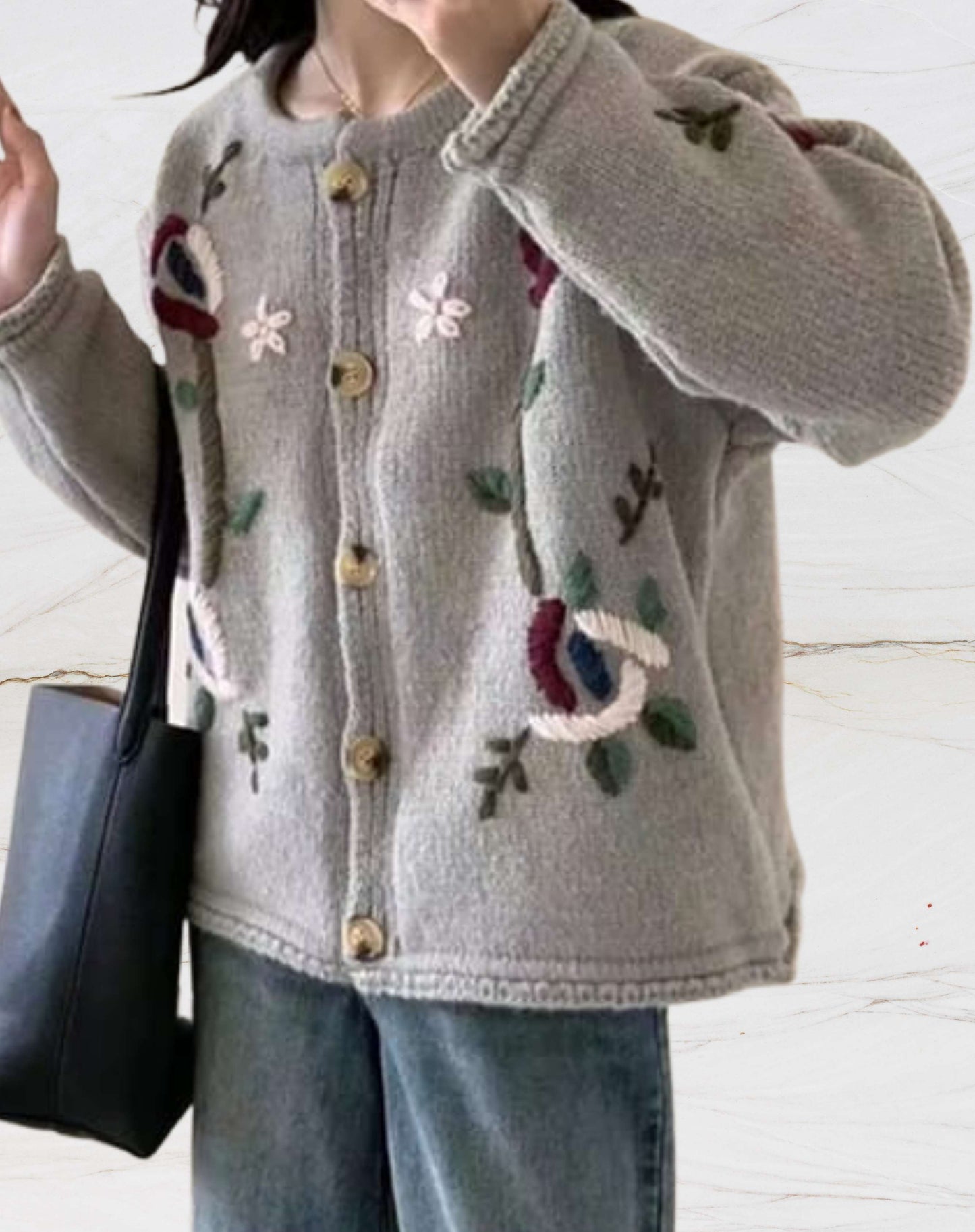 Vicky |  Gevlochten vest Retro-trui met ronde hals en knoopsluiting