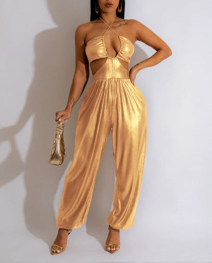 Gouden jumpsuit met cut-outs