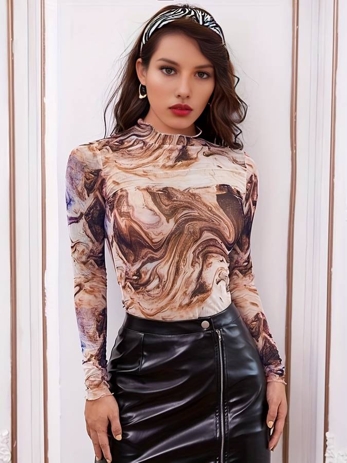 Lange mouwen mesh top met marmer print