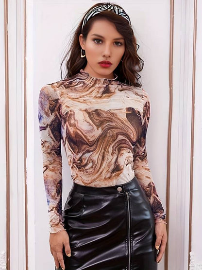 Lange mouwen mesh top met marmer print