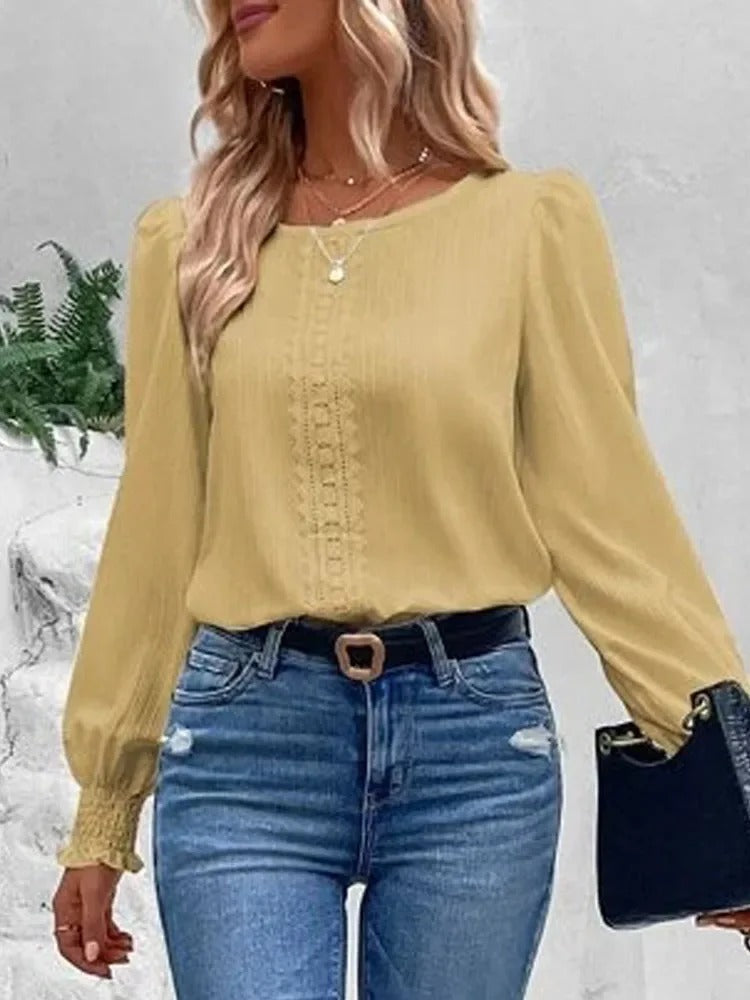 MonAmi gele o hals patchwork met fleece dames blouse