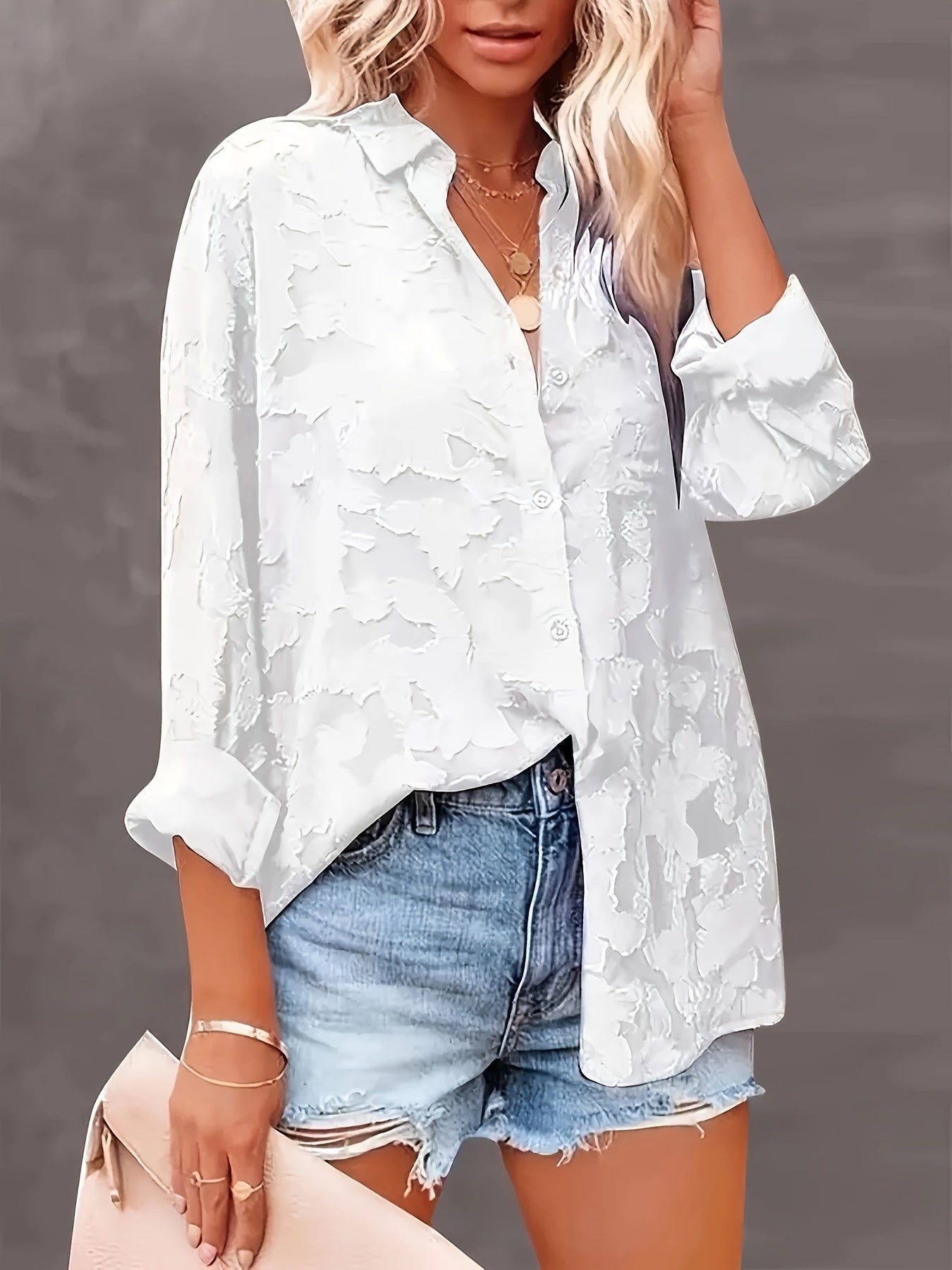 Sheer losse jacquard blouse met knoopsluiting - Leah