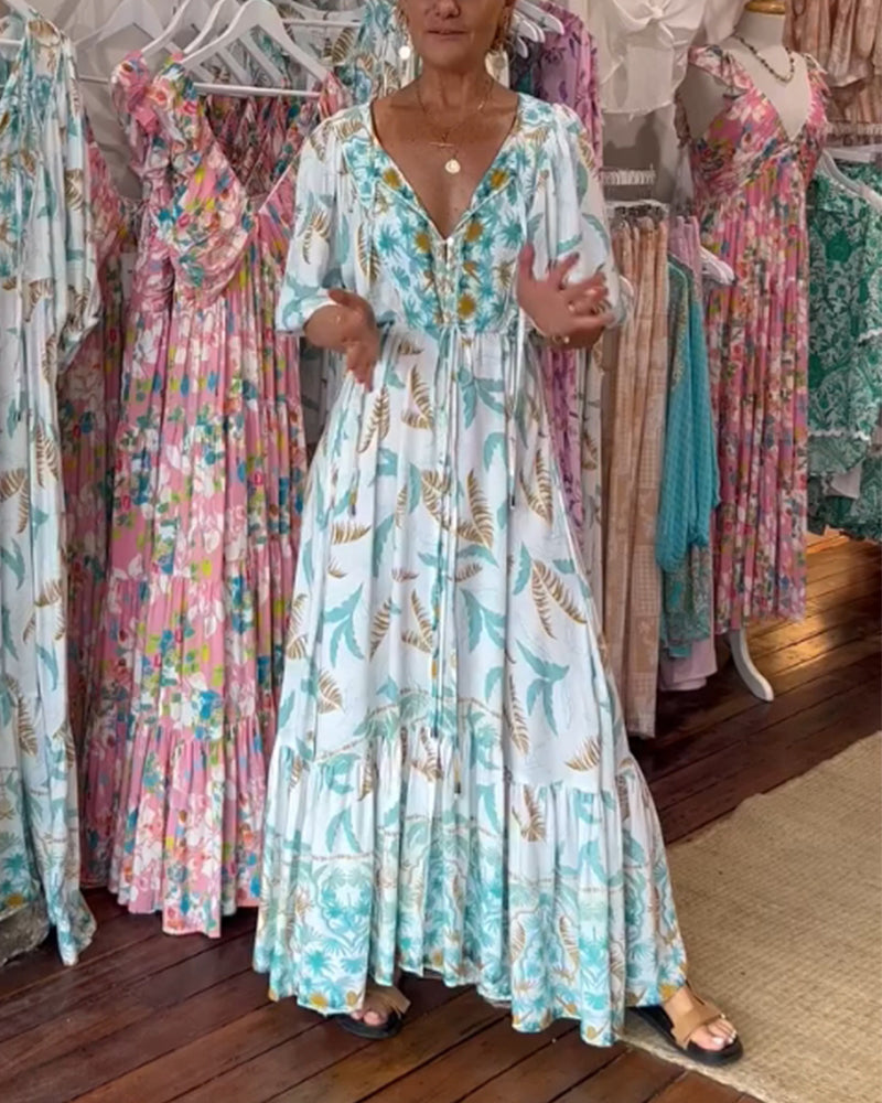 Amita - Maxi-jurk voor dames met een bladprint en een elegante V-hals