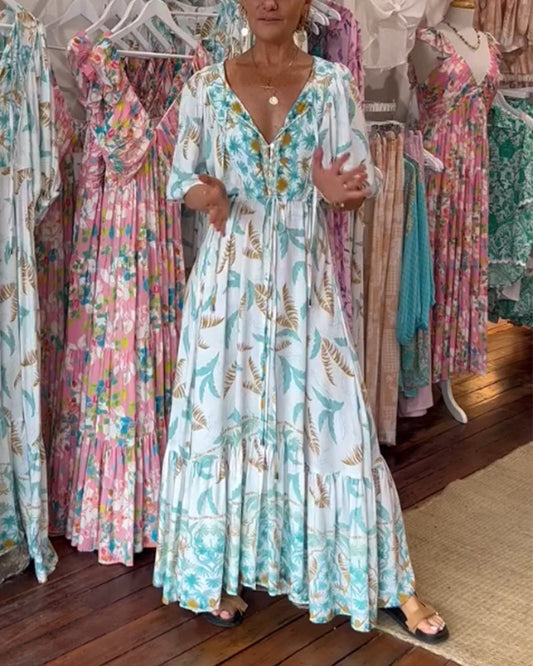 Amita - Maxi-jurk voor dames met een bladprint en een elegante V-hals