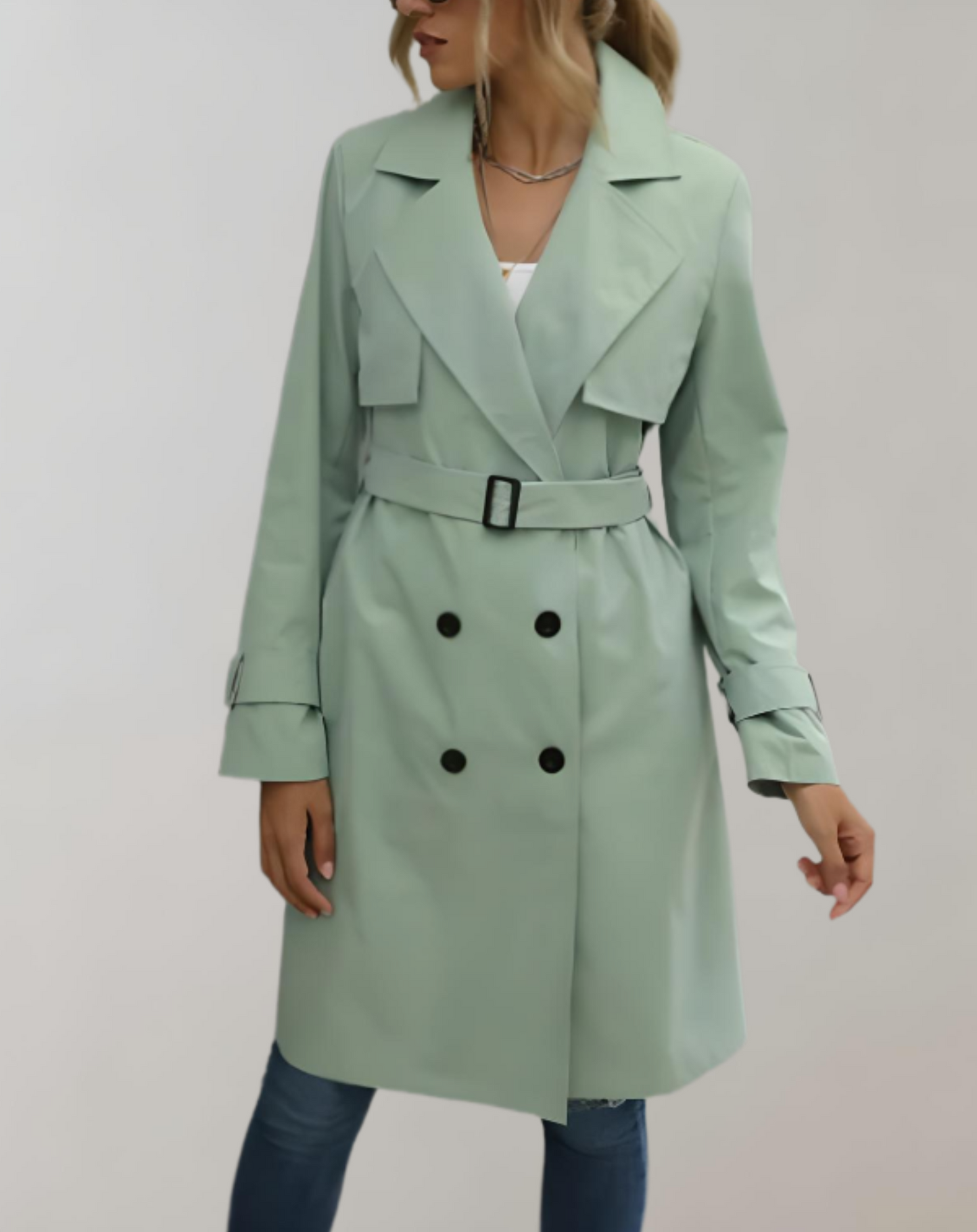 Calia | Lange trench coat met riem taille en knopen