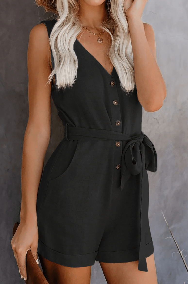 Olivia | mouwloze romper met knoopsluiting en strikceintuur
