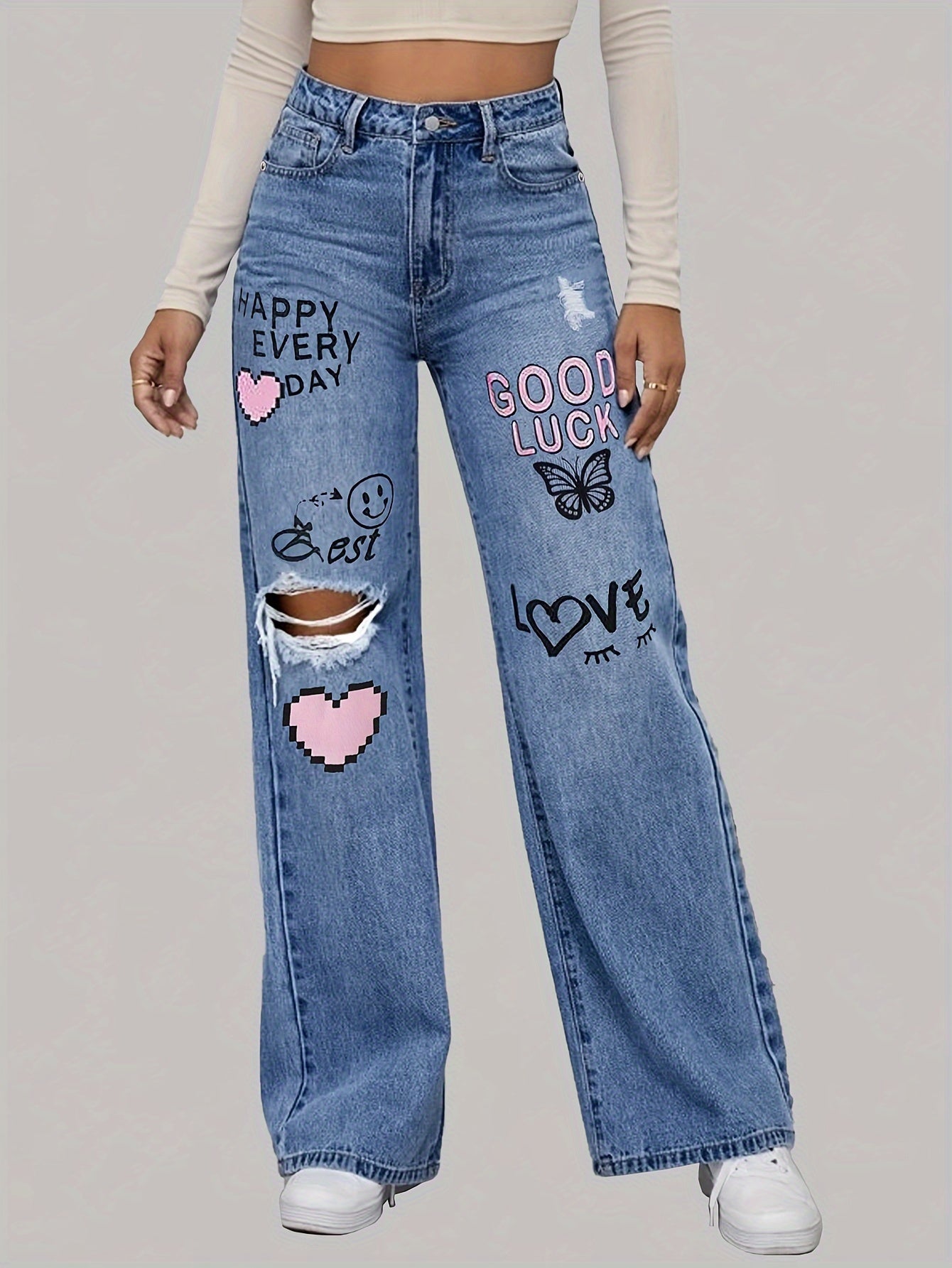 Hart liefdesbrief Graffiti print gescheurd denim Broek - Zoey